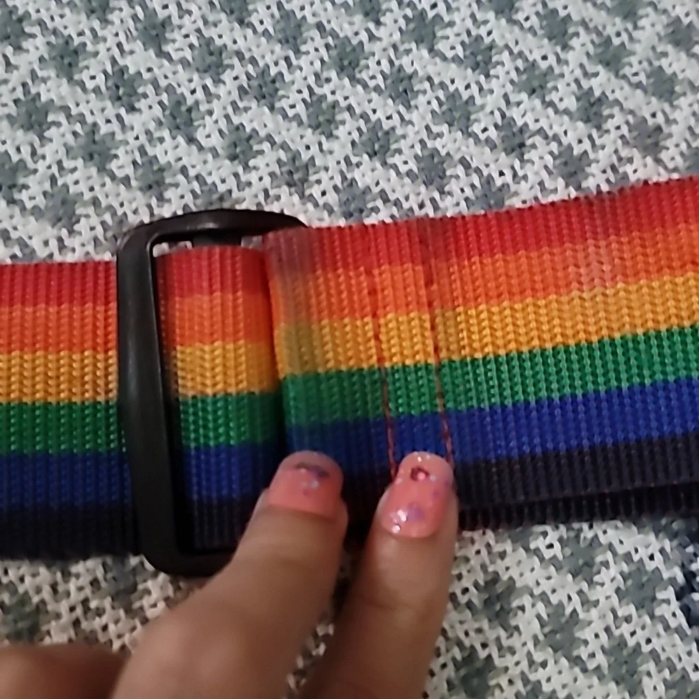 Vintage Belt rainbow fabric American Tourister black plastic buckle b27